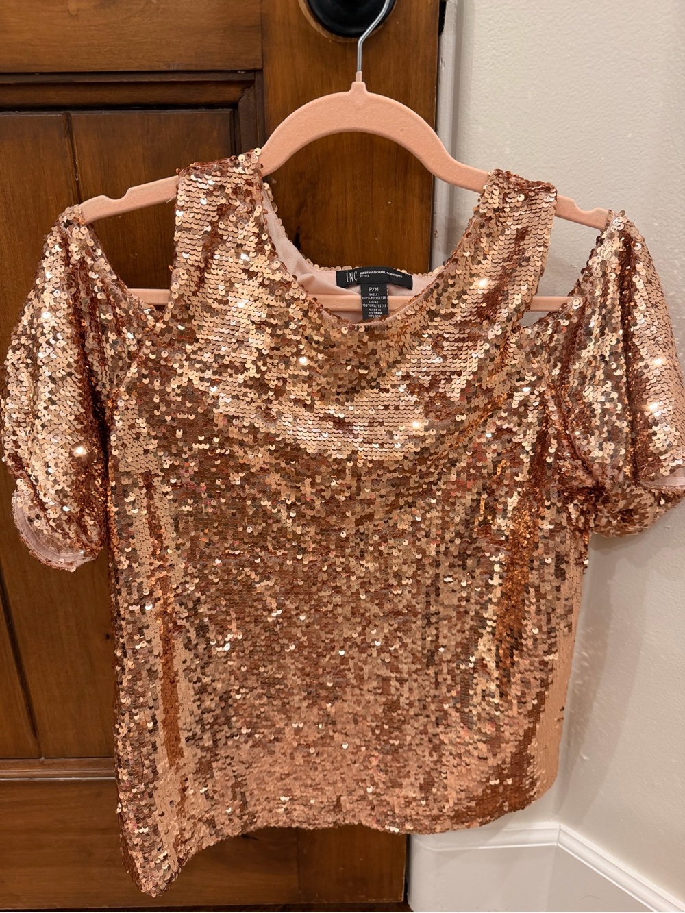 INC International Concepts Rose Gold Sequin Cold-Shoulder Top